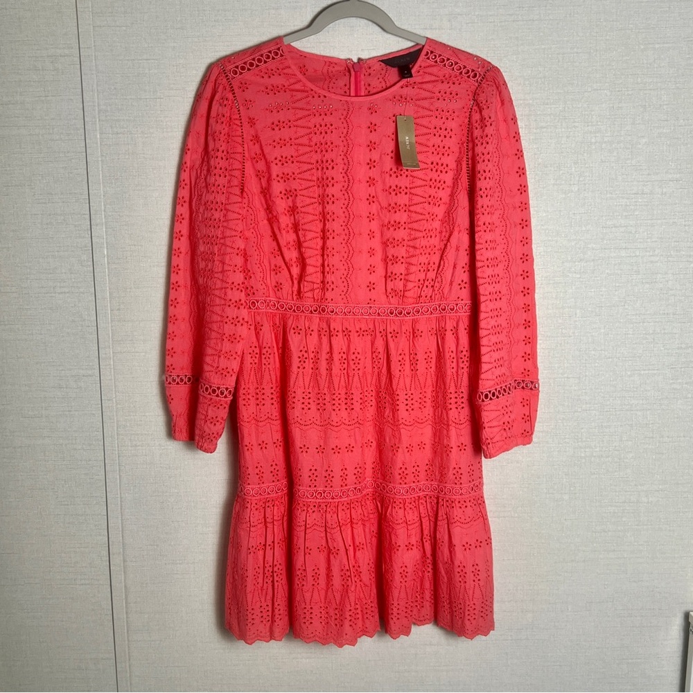 J. Crew Womens Coral Eyelet Tiered Lined 3/4 Sleeve Cotton‎ Mini Dress Size 4